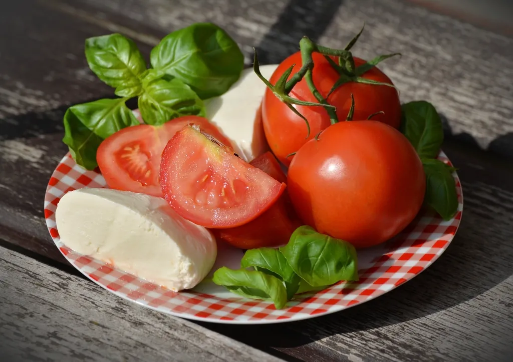 Plato de tomates, mozzarella y albahaca fresca