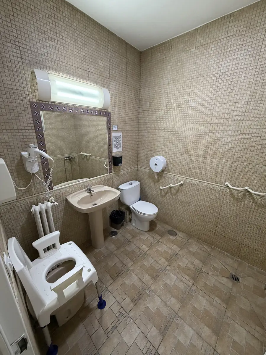 Baño con ducha a ras de suelo, silla de ducha y asideros