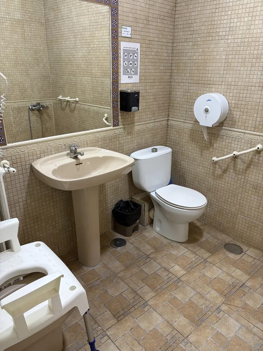 Baño adaptado con lavabo, asideros junto al inodoro y silla de ducha