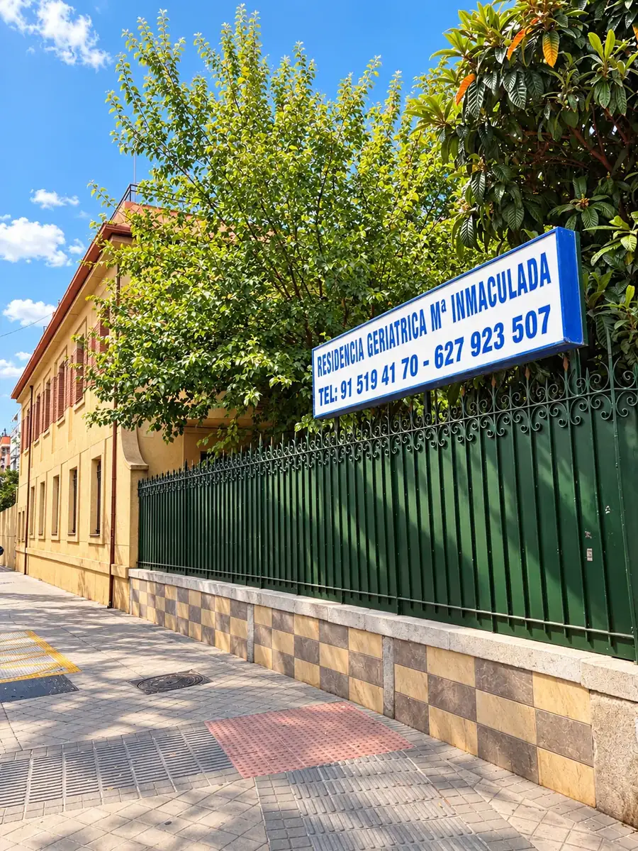 Fachada de la residencia con su verja verde y el cartel