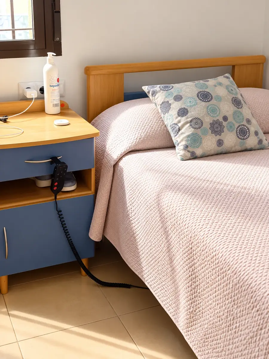 Detalle de cama articulada con cojín y mesilla