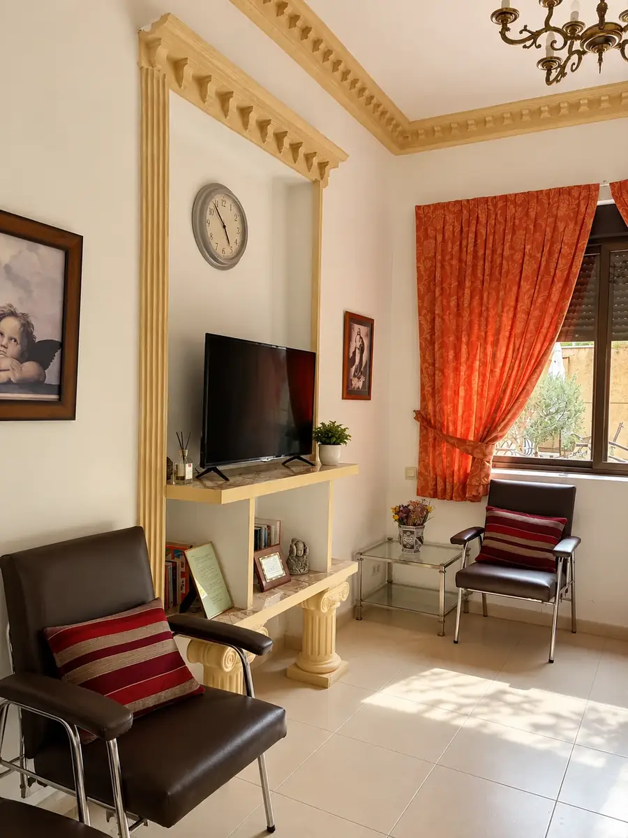 Salita de estar con butacas, televisión y cortinas junto a la ventana